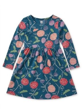 Tea Collection Teal Floral Long-Sleeve Kids Dress Turkish Tea Size 3 Euc